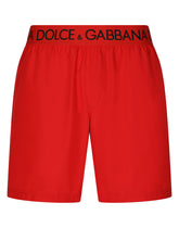 Mid-length swim trunks with branded stretch waistband - | Dolce & Gabbana