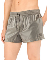 Short iridescent nylon swim trunks with patch - | Dolce & Gabbana