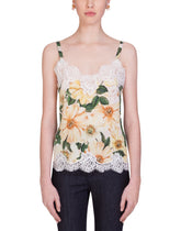 Satin lingerie top with lace and camellia print - | Dolce & Gabbana