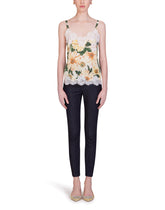 Satin lingerie top with lace and camellia print - | Dolce & Gabbana