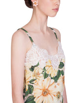 Satin lingerie top with lace and camellia print - | Dolce & Gabbana