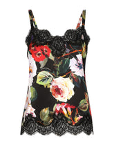 Satin lingerie-style top with rose garden print and lace detailing - | Dolce & Gabbana