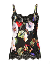 Satin lingerie-style top with rose garden print and lace detailing - | Dolce & Gabbana