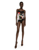 Satin lingerie-style top with rose garden print and lace detailing - | Dolce & Gabbana