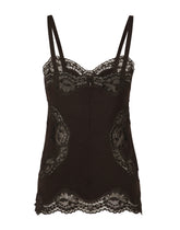 Wool jersey lingerie top with lace inlays - | Dolce & Gabbana