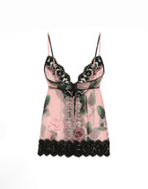 Chiffon and lace lingerie top with rose print - | Dolce & Gabbana