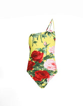 One-shoulder one-piece swimsuit with floral bouquet print - | Dolce & Gabbana