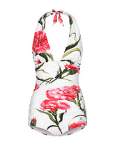 Carnation-print one-piece swimsuit with plunging neckline - | Dolce & Gabbana