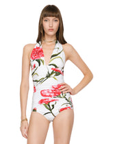 Carnation-print one-piece swimsuit with plunging neckline - | Dolce & Gabbana