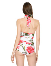 Carnation-print one-piece swimsuit with plunging neckline - | Dolce & Gabbana