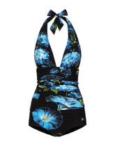One-piece swimsuit with plunging neckline and bluebell print - | Dolce & Gabbana