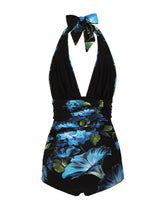 One-piece swimsuit with plunging neckline and bluebell print - | Dolce & Gabbana