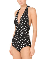 Polka-dot print one-piece swimsuit with plunging neckline - | Dolce & Gabbana