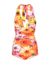 One-piece swimsuit with plunging neckline and gerbera-daisy print - | Dolce & Gabbana