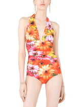 One-piece swimsuit with plunging neckline and gerbera-daisy print - | Dolce & Gabbana