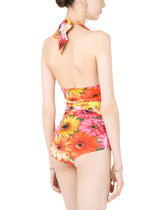 One-piece swimsuit with plunging neckline and gerbera-daisy print - | Dolce & Gabbana