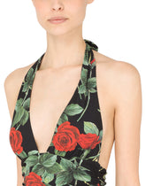 Rose-print one-piece swimsuit with plunging neckline - | Dolce & Gabbana