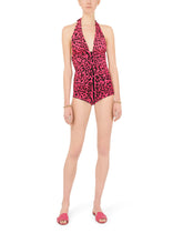 Neon leopard-print one-piece swimsuit with draping - | Dolce & Gabbana