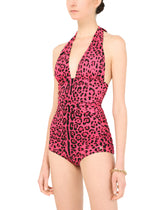 Neon leopard-print one-piece swimsuit with draping - | Dolce & Gabbana