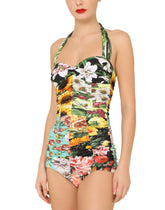 Mixed patchwork-print one-piece swimsuit with draping - | Dolce & Gabbana