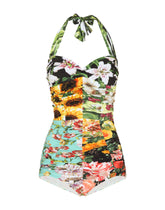 Mixed patchwork-print one-piece swimsuit with draping - | Dolce & Gabbana