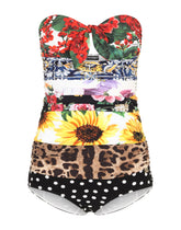Mixed patchwork-print one-piece swimsuit with draping - | Dolce & Gabbana