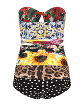 Mixed patchwork-print one-piece swimsuit with draping - | Dolce & Gabbana