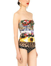 Mixed patchwork-print one-piece swimsuit with draping - | Dolce & Gabbana