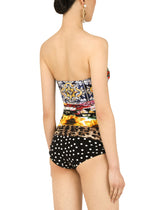 Mixed patchwork-print one-piece swimsuit with draping - | Dolce & Gabbana