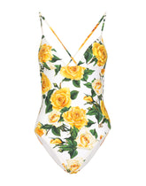 One-piece swimsuit with plunging neckline and yellow rose print - | Dolce & Gabbana