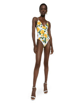 One-piece swimsuit with plunging neckline and yellow rose print - | Dolce & Gabbana