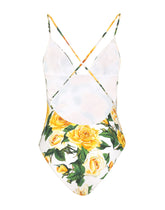 One-piece swimsuit with plunging neckline and yellow rose print - | Dolce & Gabbana