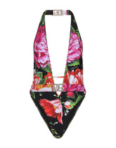 Belted floral-print swimsuit with plunging neckline - | Dolce & Gabbana
