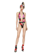 Belted floral-print swimsuit with plunging neckline - | Dolce & Gabbana
