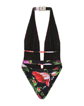 Belted floral-print swimsuit with plunging neckline - | Dolce & Gabbana