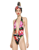 Belted floral-print swimsuit with plunging neckline - | Dolce & Gabbana