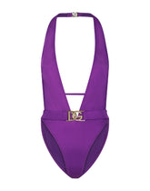 One-piece swimsuit with plunging neck and belt - | Dolce & Gabbana