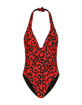 Leopard-print one-piece swimsuit with plunging neckline - | Dolce & Gabbana