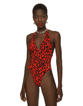 Leopard-print one-piece swimsuit with plunging neckline - | Dolce & Gabbana