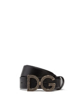 Belt in calfskin with rhinestone logo buckle -  | Dolce & Gabbana