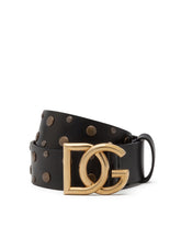 Leather belt with crossed DG logo and mixed stud embroidery -  | Dolce & Gabbana