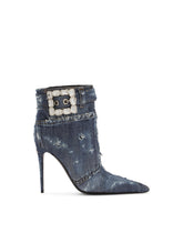 Patchwork denim ankle boots with rhinestone buckle -  | Dolce &amp; Gabbana