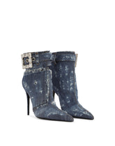 Patchwork denim ankle boots with rhinestone buckle -  | Dolce &amp; Gabbana