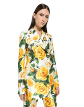 Double-breasted Turlington jacket in yellow rose-print mikado -  | Dolce & Gabbana