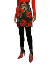 Brocade miniskirt with red rose print -  | Dolce &amp; Gabbana