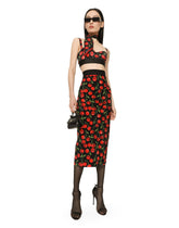 Technical jersey calf-length skirt with elasticated band with logo and cherry print -  | Dolce & Gabbana