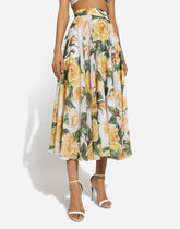 Sequined midi circle skirt with yellow rose print -  | Dolce & Gabbana