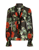Textured chiffon pussy-bow shirt with rose print -  | Dolce &amp; Gabbana