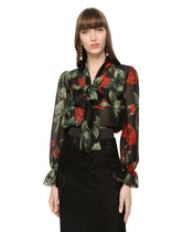 Textured chiffon pussy-bow shirt with rose print -  | Dolce &amp; Gabbana