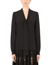 Crepe de chine pussy-bow shirt with crystal DG embellishment -  | Dolce &amp; Gabbana